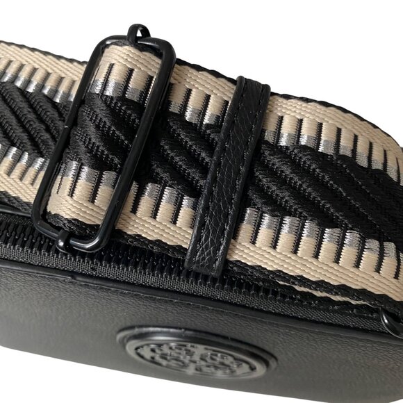 Small Black Leather Effect Crossbody Bag with Emblem & Wide Strap Neutral Travel - Picture 11 of 16